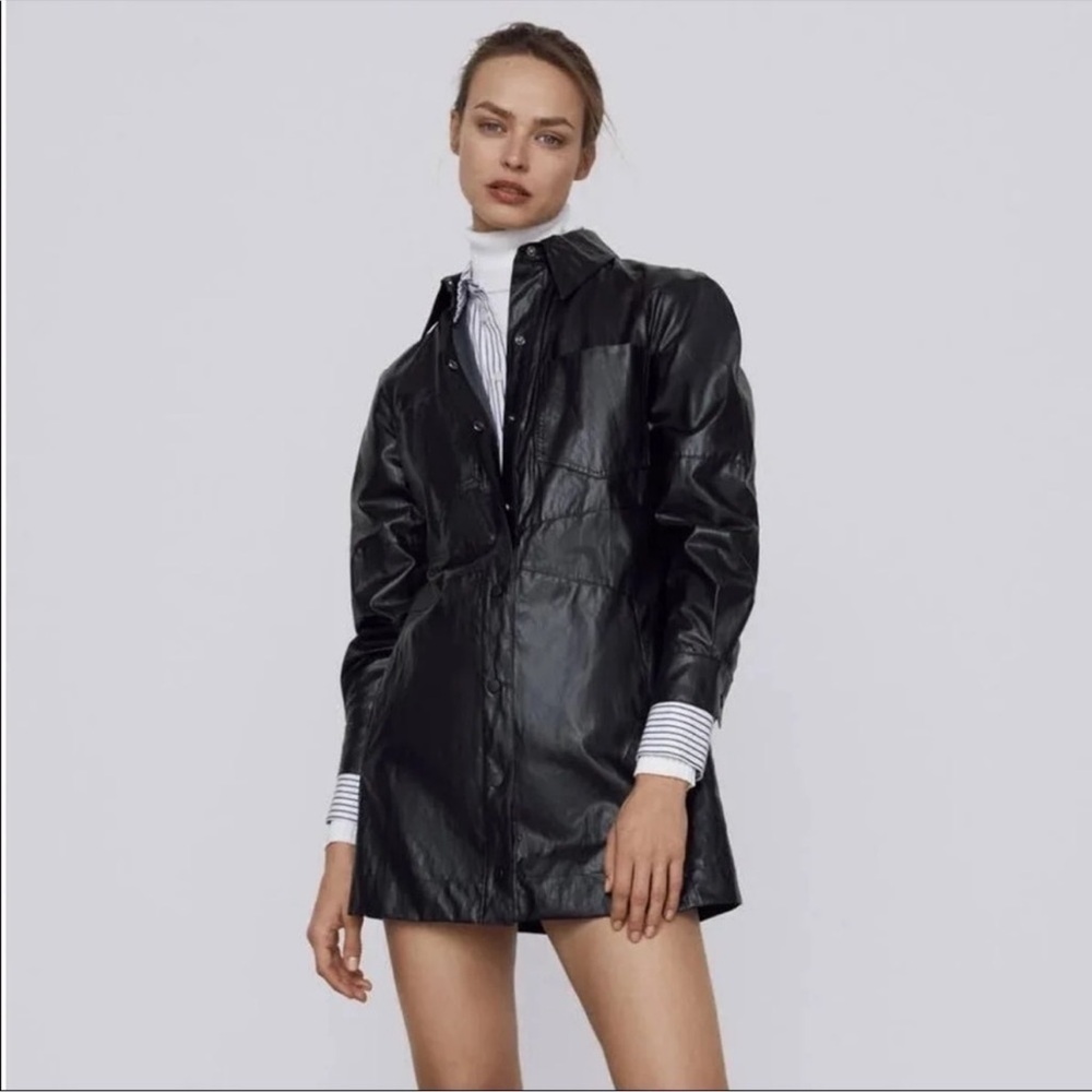 ZARA M Faux Leather Long Sleeve Shirt Dress Snap Front Chest Pocket Black Mini